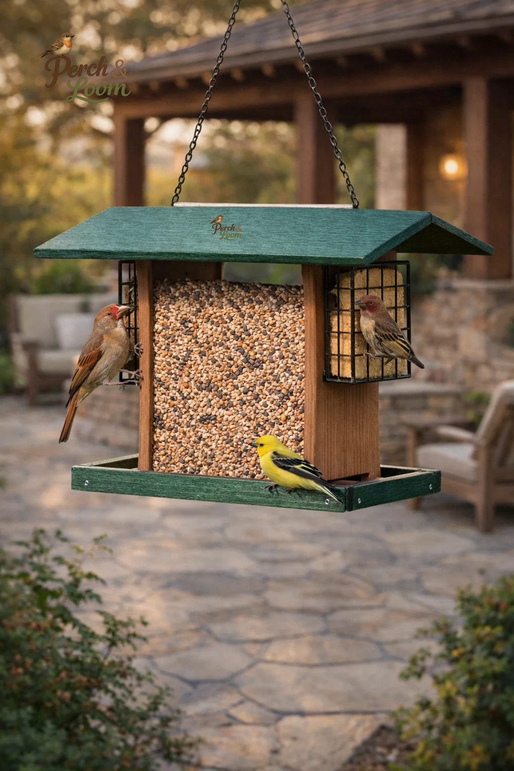 Hanging Hopper Bird Feeder with Dual Suet Cages