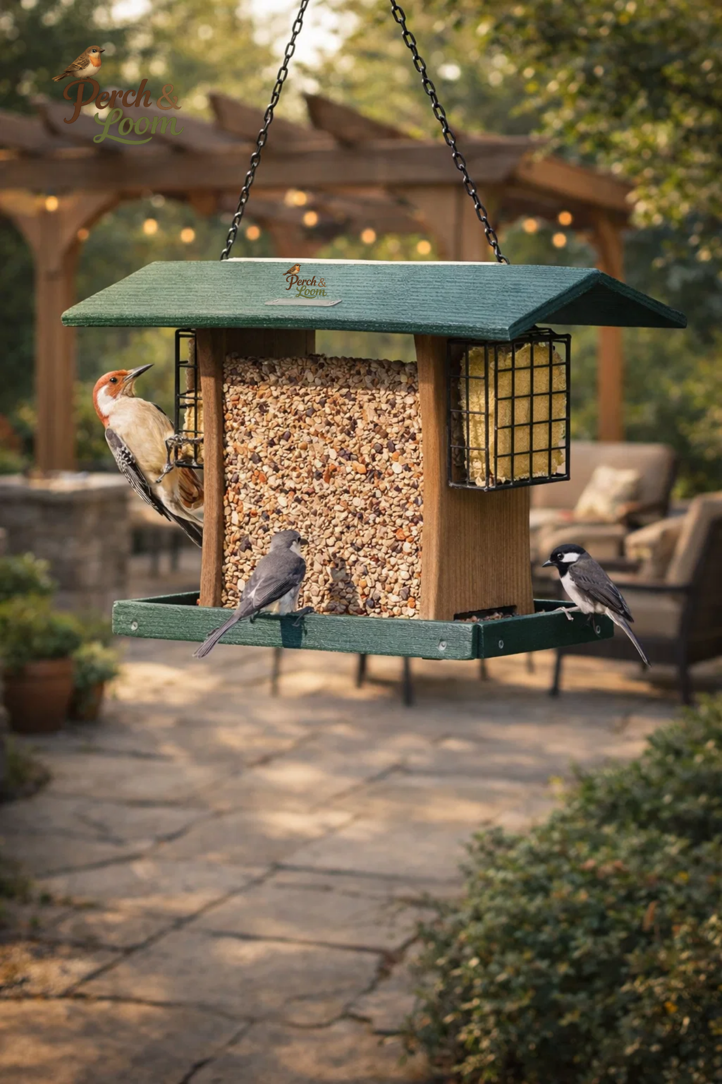 Hanging Hopper Bird Feeder with Dual Suet Cages
