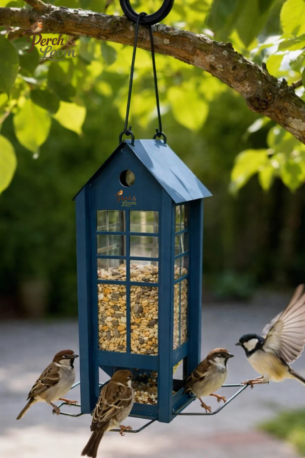 Lantern-Style Hanging Bird Feeder with Perch Tray