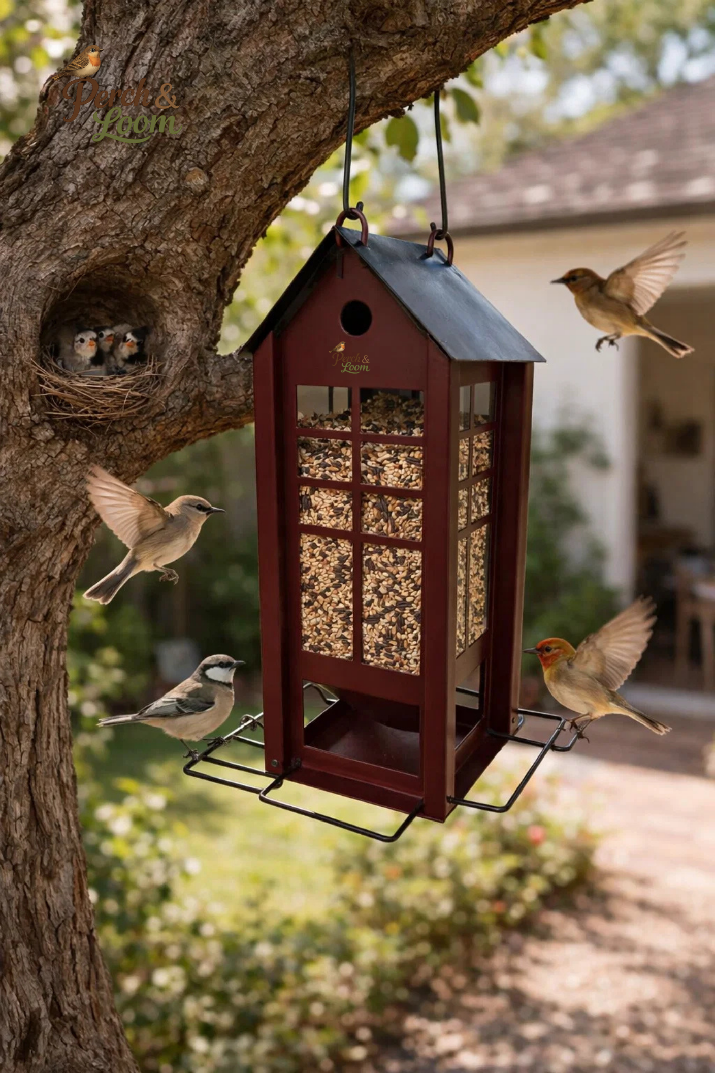 Lantern-Style Hanging Bird Feeder with Perch Tray
