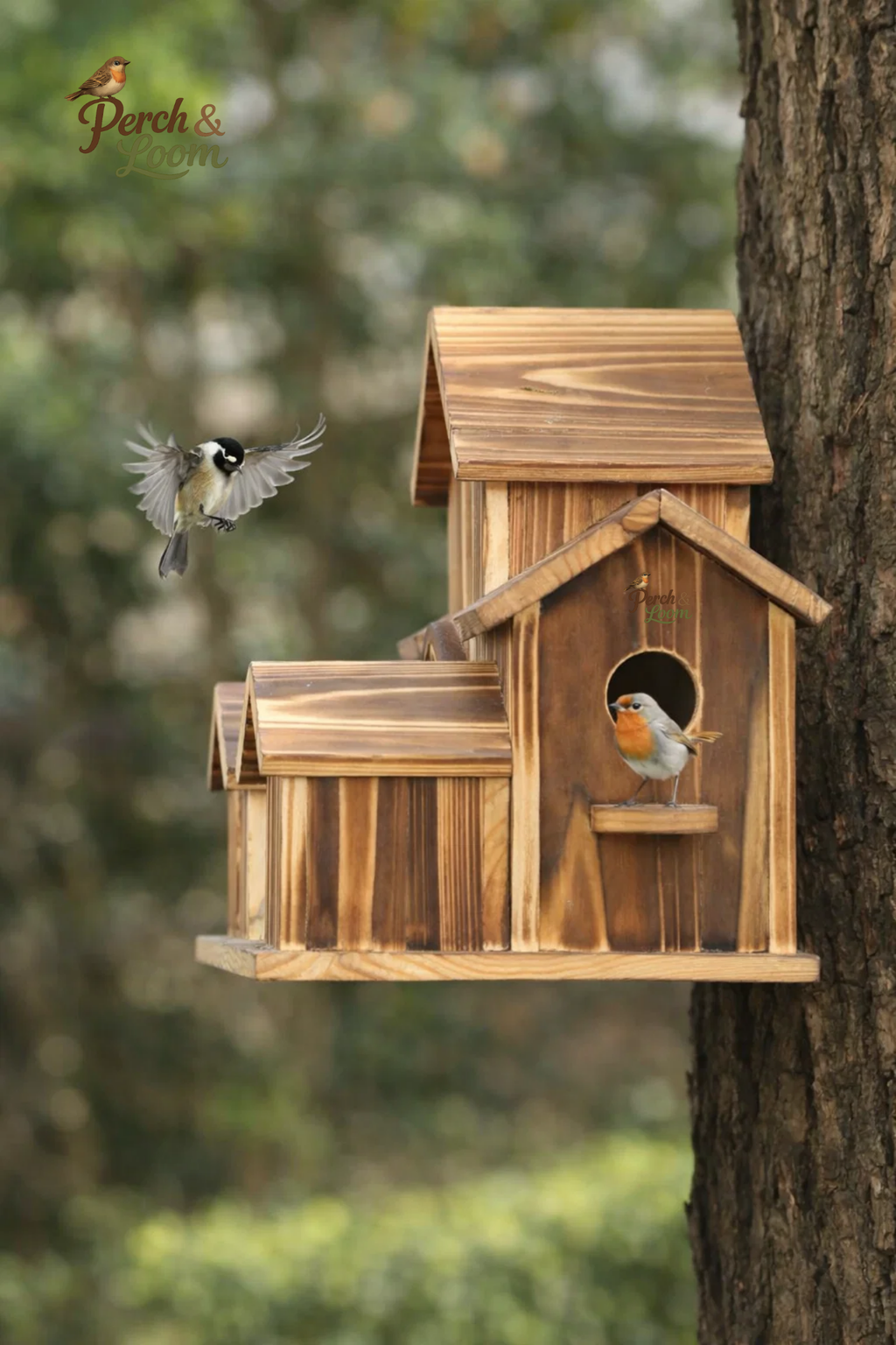 Multi-Chamber Wooden Birdhouse for Backyard Birds