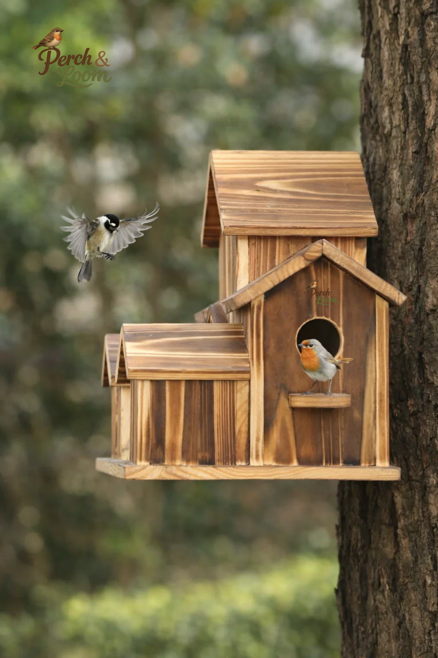 Multi-Chamber Wooden Birdhouse for Backyard Birds