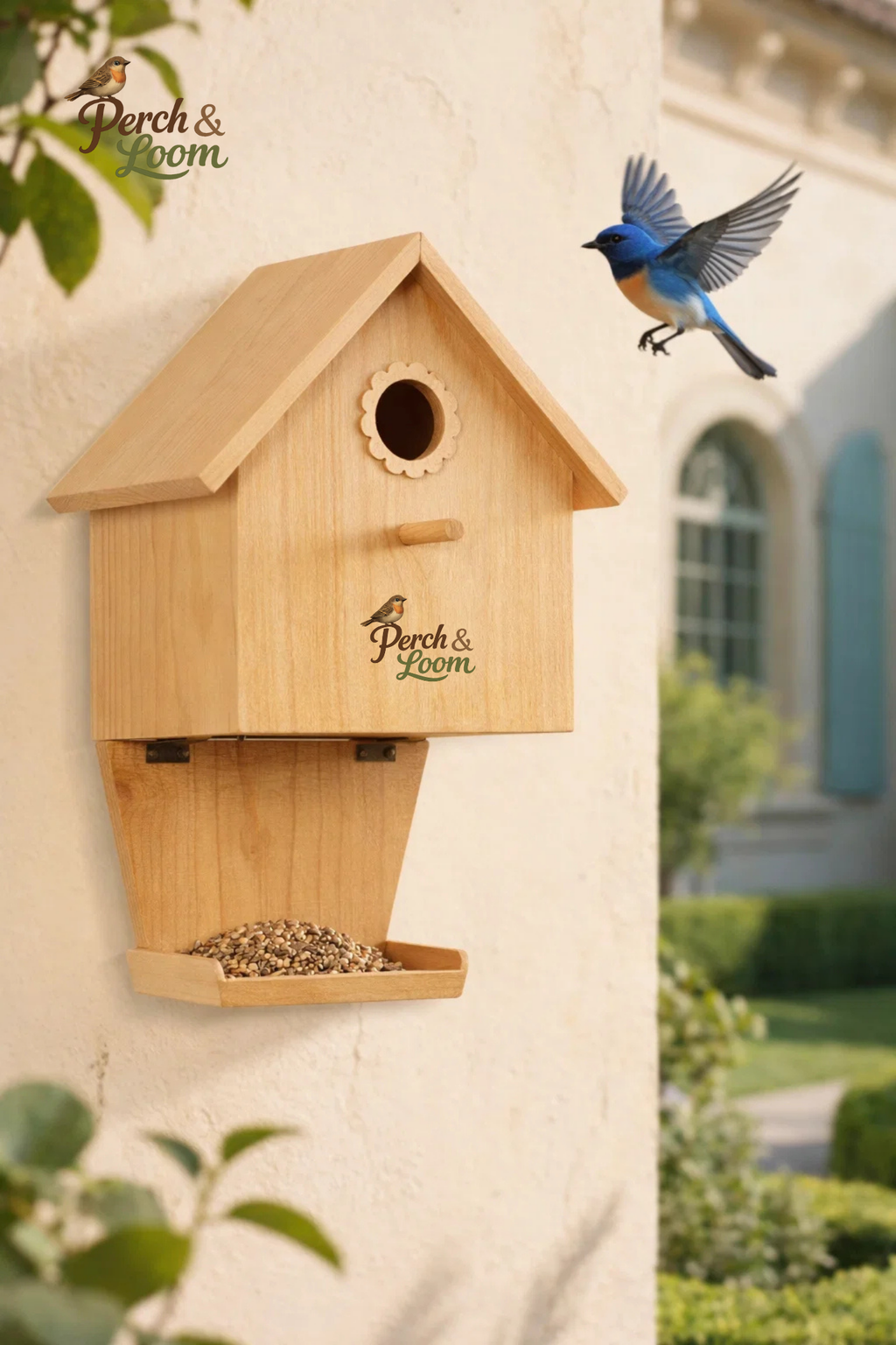 Wall-Mounted Wooden Birdhouse with Feeding Tray