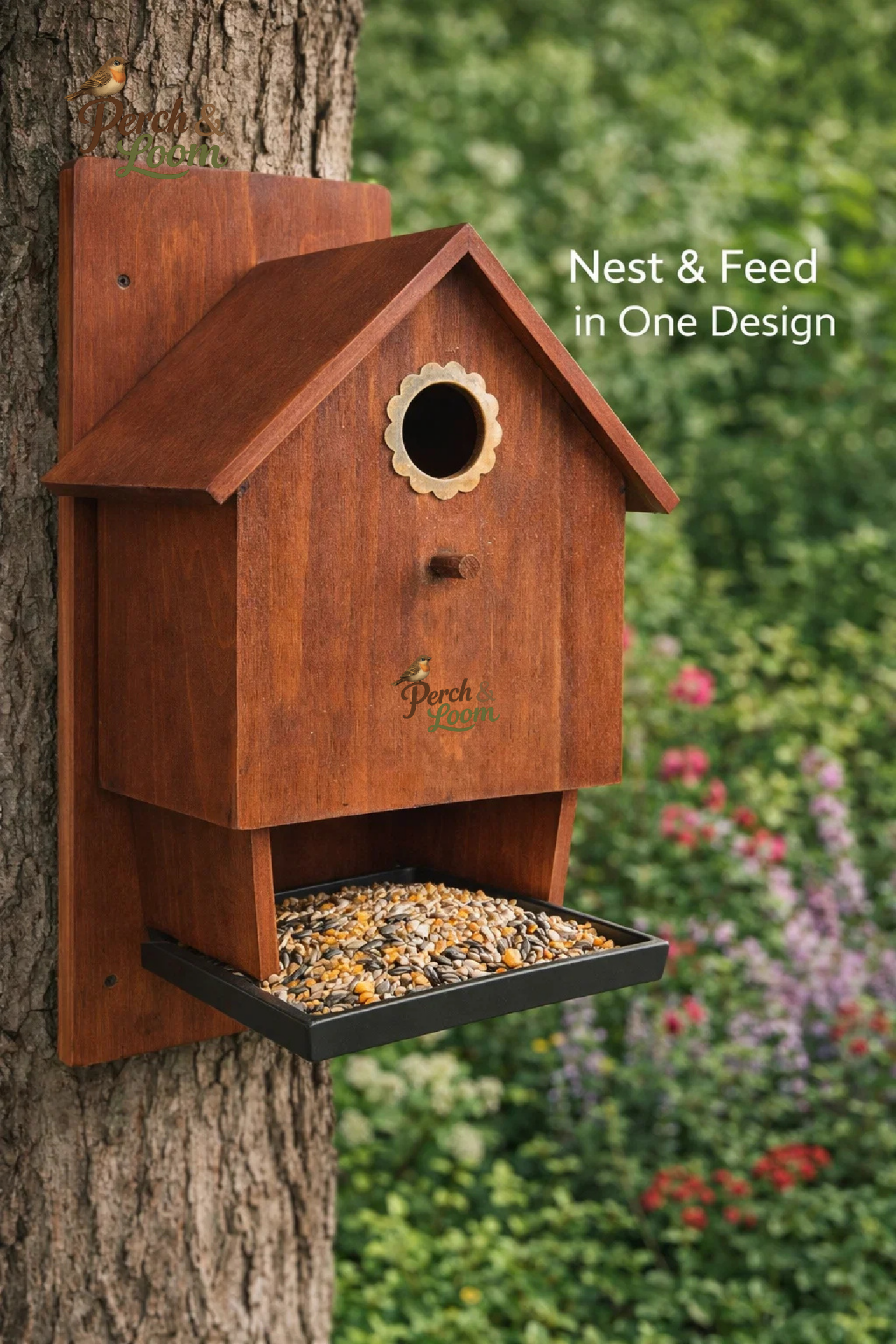 Wall-Mounted Wooden Birdhouse with Feeding Tray